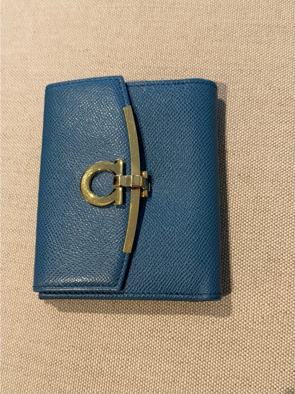 Salvatore Ferragamo Blue Leather Compact Wallet with Gold Gancini